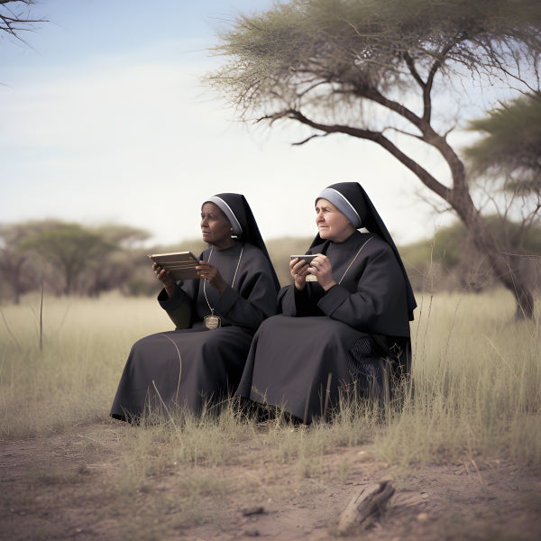 Vinyl Decal, Two Nuns Reading Outdoors Under Tree (5" x 7")