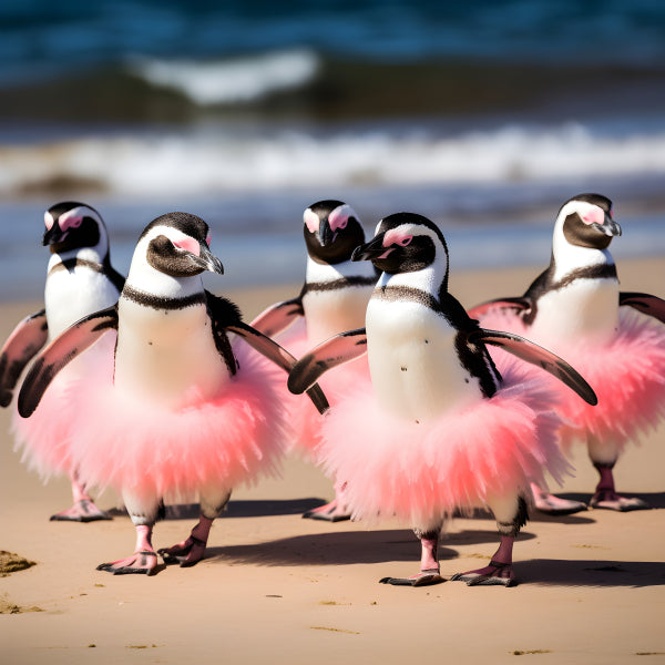 Vinyl Decal, Penguins in Pink Tutus on Sandy Beach (5" x 7")