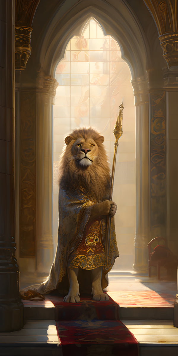Vinyl Decal, Majestic Lion King Portrait in Golden Robes and Crown (5" x 7")