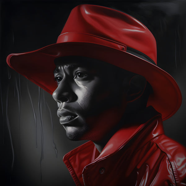 Vinyl Decal, Striking Portrait of Man in Bold Red Fedora & Leather Jacket (5" x 7")