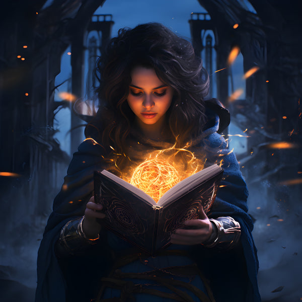 Vinyl Decal, Mystical Mage Character Girl Holding Ancient Magic Book with Glowing Spells Fantasy Art