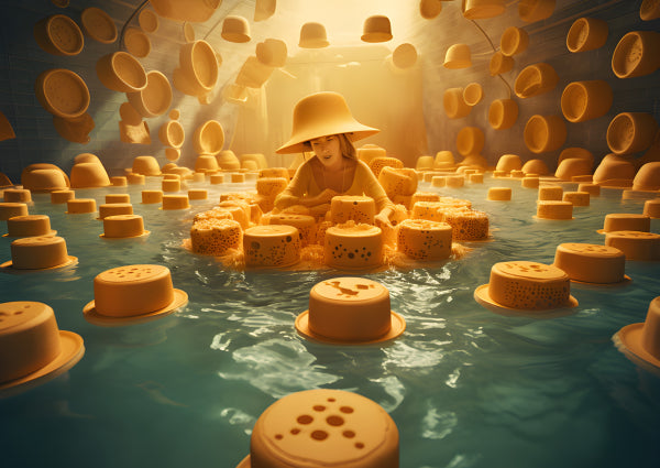 Vinyl Decal, Whimsical Dreamscape Floating Cheese River Adventure Unique Surreal Art Print (5" x 7")