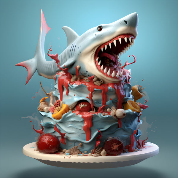 Vinyl Decal, Realistic Shark Attack Themed Birthday Cake (5" x 7")