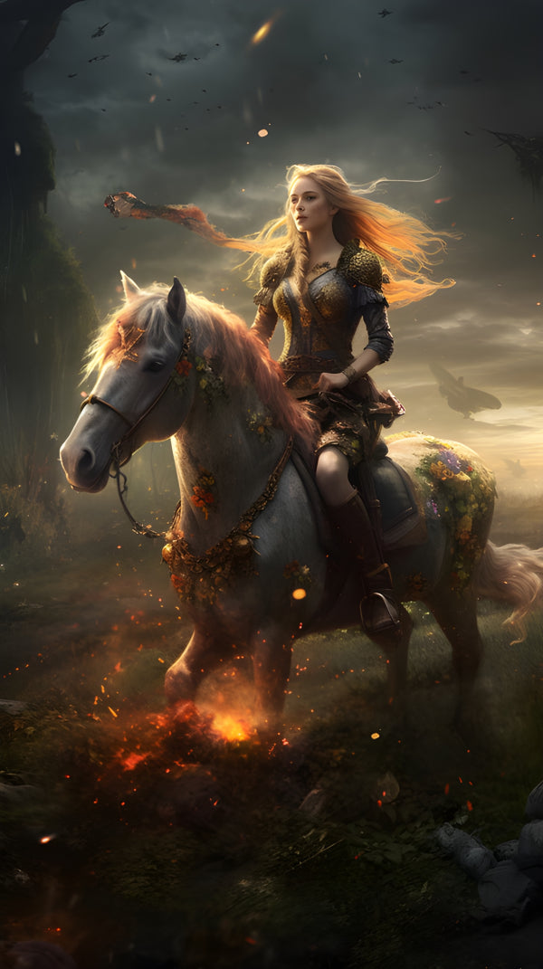 Vinyl Decal, Mystical Blonde Female Warrior on White Horse with Fire and Magic Elements Artwork Prin
