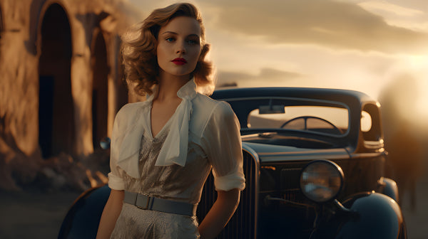 Vinyl Decal, Vintage Style Woman in White Blouse and Belt Posing with Classic Car in Desert Sunset P