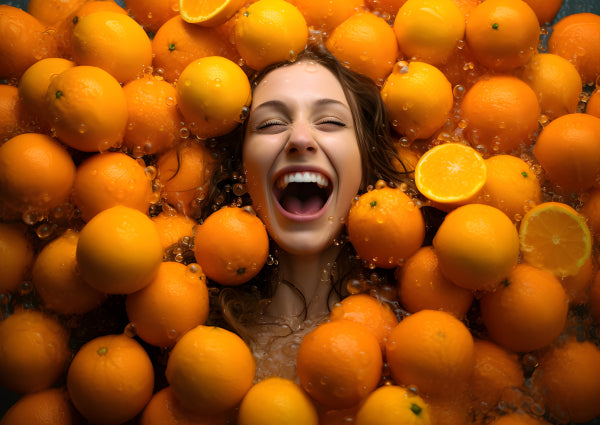 Vinyl Decal, Happy Woman Immersed in Fresh Oranges, Joyful Expression, Citrus Fruit Bath, Vibrant Or