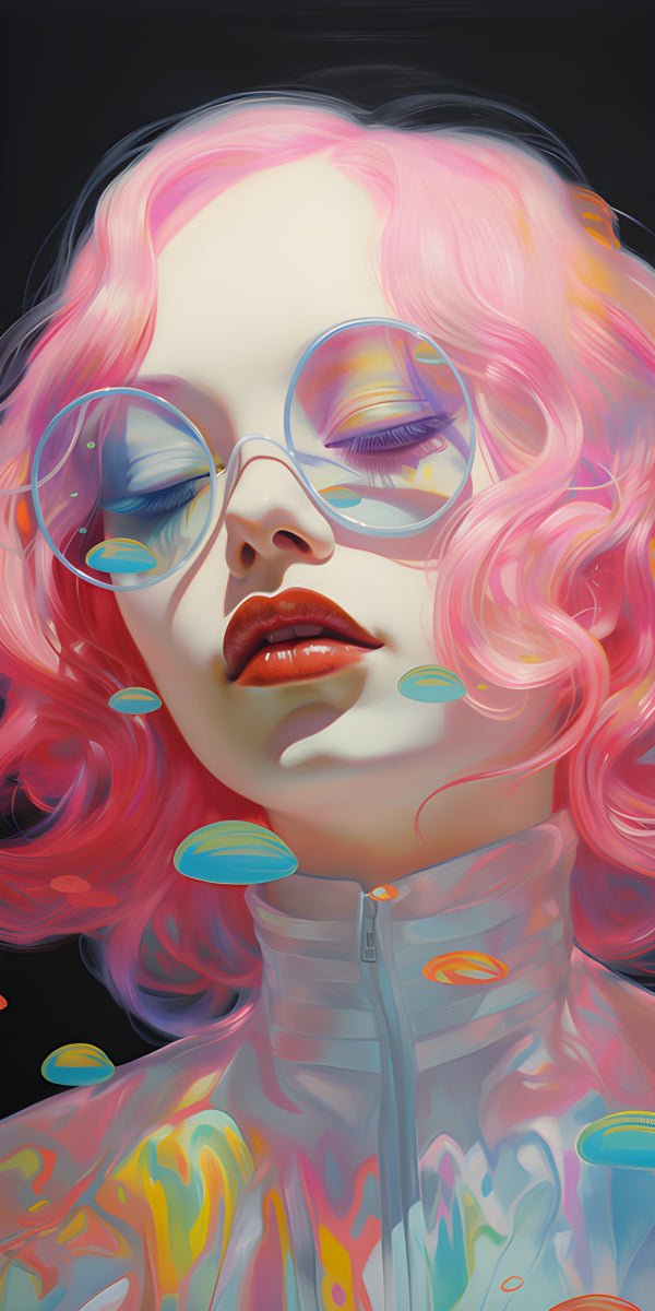 Vinyl Decal, Vibrant Pink Haired Girl Art Print Round Glasses Psychedelic Style Wall Decor (5" x 7")