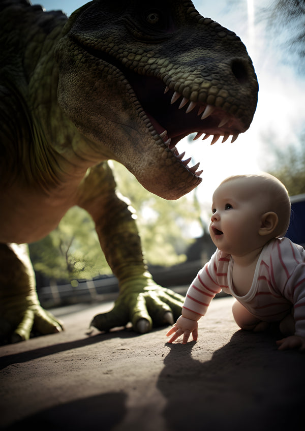 Vinyl Decal, Curious Baby Meets a Gigantic Dinosaur (5" x 7")