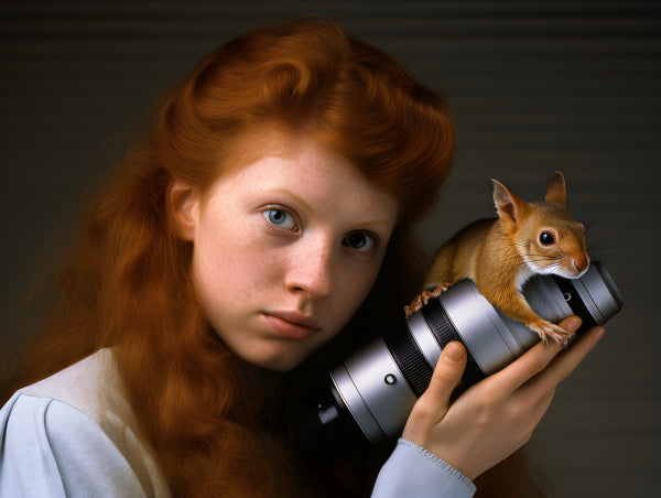 Vinyl Decal, Red-Haired Girl & Her Squirrel Friend on a Camera Lens (5" x 7")