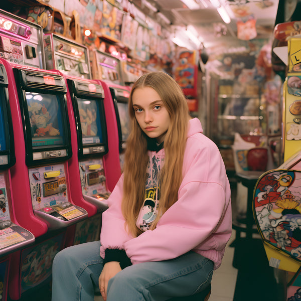 Vinyl Decal, Young Woman in Pink Hoodie Enjoys Retro Arcade Gaming (5" x 7")