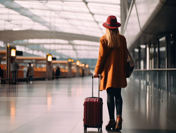 Vinyl Decal, Stylish Woman in Red Hat and Brown Coat Traveling with Red Suitcase in Modern Airport C
