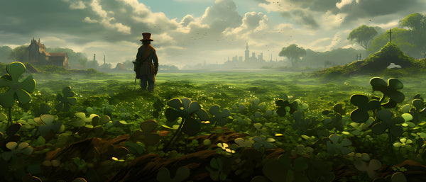 Vinyl Decal, Man in Top Hat Stands in Lush Green Field Overlooking Distant City Skyline Under Cloudy