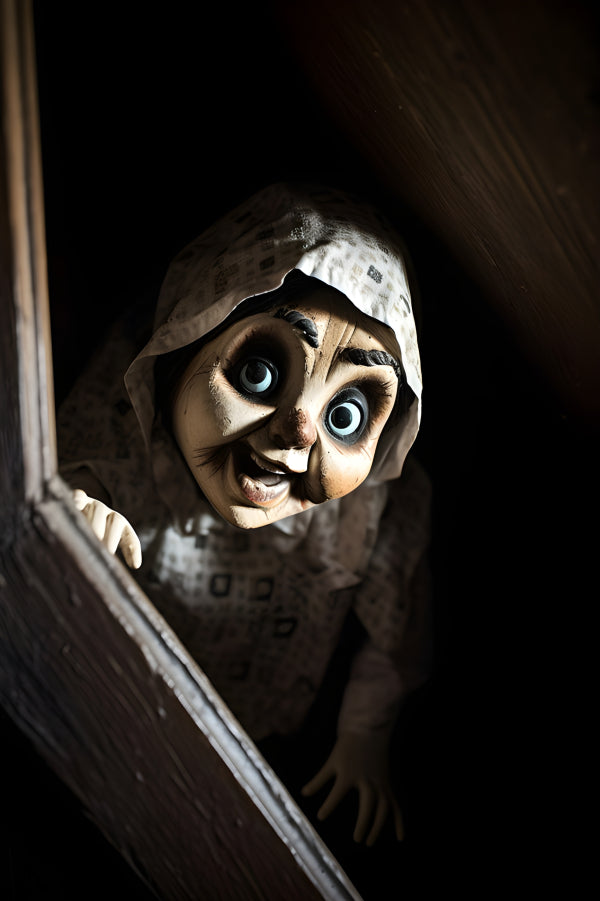 Vinyl Decal, Creepy Hooded Horror Doll Prop for Halloween (5" x 7")