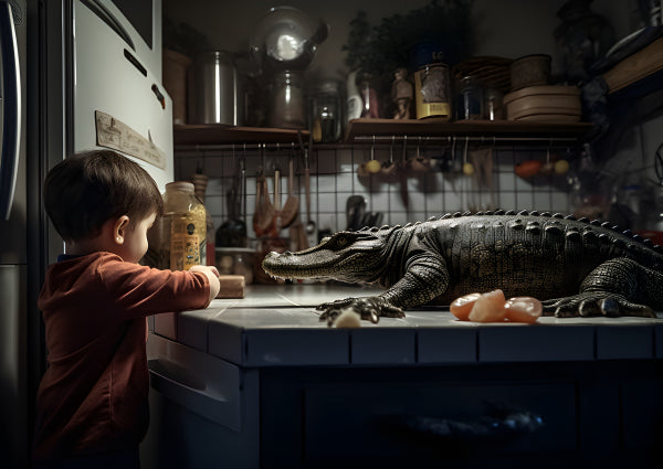 Vinyl Decal, Meets Large Alligator on Kitchen Countertop (5" x 7")
