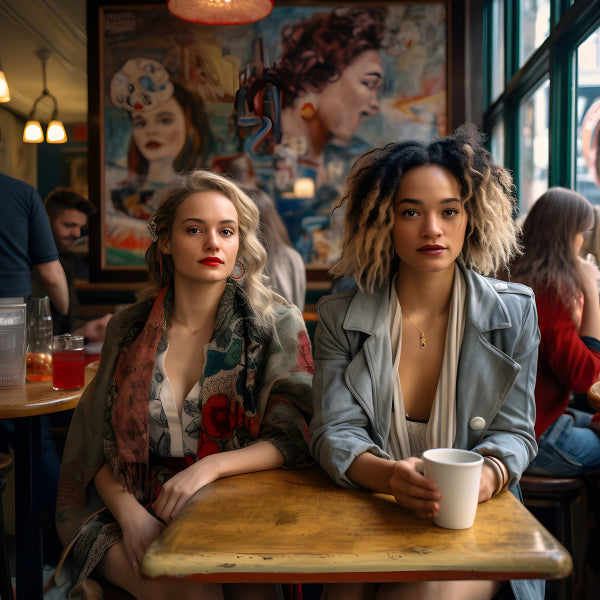 Vinyl Decal, Two Stylish Women Enjoying Coffee And Conversation At A Bustling Cafe Table (5" x 7")