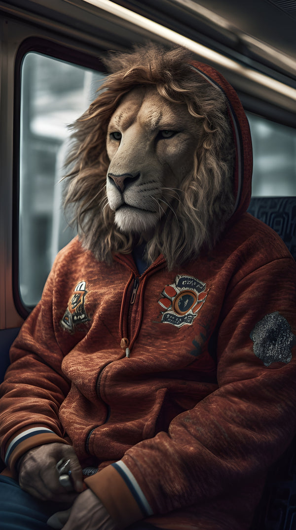 Vinyl Decal, Man with Lion Head in Orange Hoodie Digital Art Print (5" x 7")