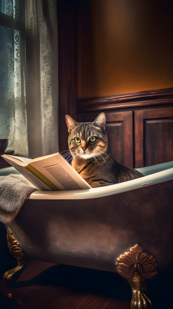 Vinyl Decal, Whimsical Tabby Cat Enjoying a Relaxing Bubble Bath with a Good Book (5" x 7")