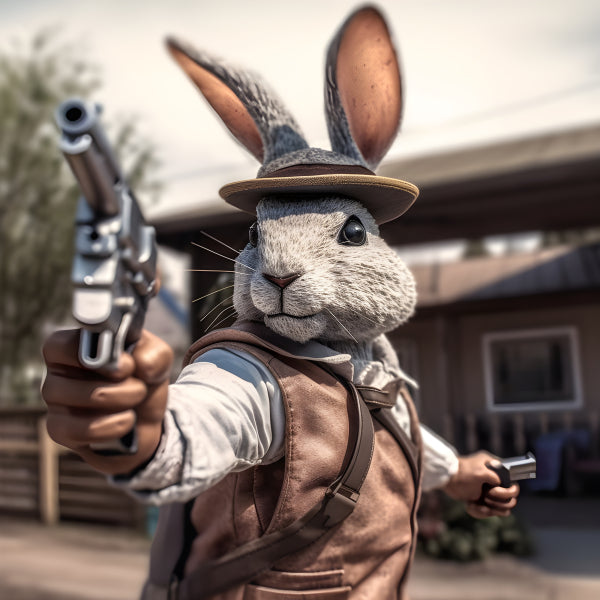 Vinyl Decal, Rabbit Dressed as a Cowboy Wearing a Hat and Vest, Holding a Revolver Gun in an Outdoor