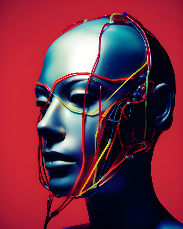 Vinyl Decal, Cybernetic Female Mannequin Head Sculpture with Exposed Wiring, Modern Art Home Decor (