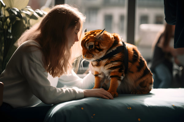 Vinyl Decal, Young Girl Bonding with a Beautiful Bengal Cat | Heartwarming Pet & Owner Moment (5" x