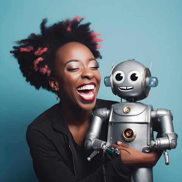 Vinyl Decal, Happy woman with a retro robot (5" x 7")