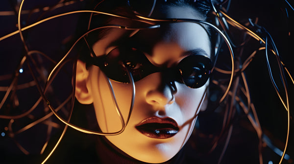 Vinyl Decal, Cyberpunk Woman Portrait with Wires & Stylish Glasses | Cinematic Sci-Fi Art Print for