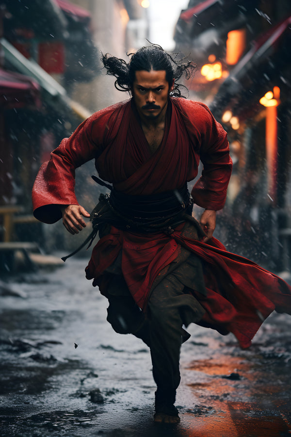 Vinyl Decal, Fierce Samurai Warrior Ronin in Red Robe Running on Rainy Japanese Street Action Art Pr
