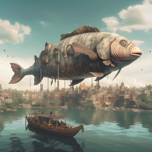 Vinyl Decal, Steampunk Fish Airship Flying Over Coastal Town with Small Boat in Water (5" x 7")
