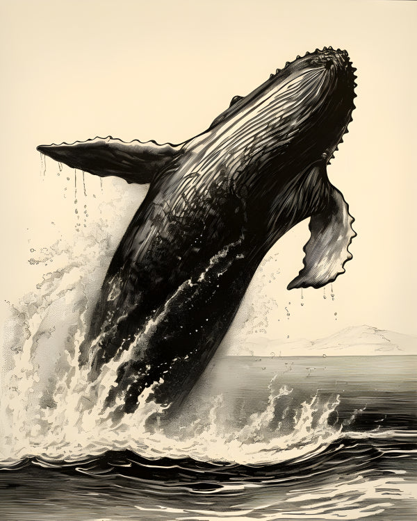Vinyl Decal Graceful Black and White Humpback Whale Breaching Ocean Art Print (5" x 7")