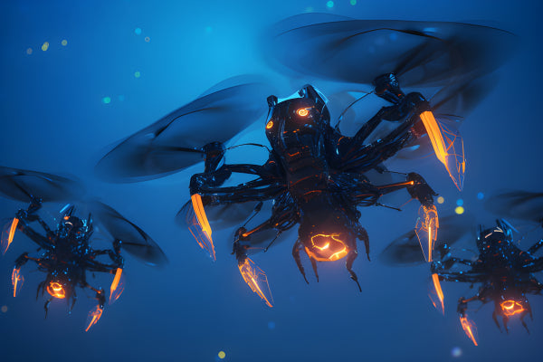 Vinyl Decal, Robotic Drone Bees Flying in a Blue-Lit Environment (5" x 7")