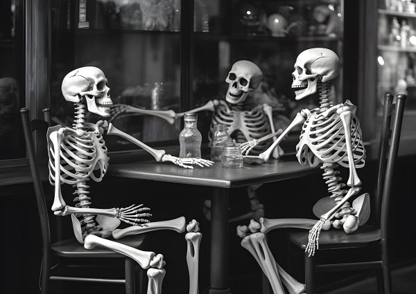 Vinyl Decal, Three Skeleton Statues Sitting Around a Table in a Bar Setting, Spooky Halloween Decora