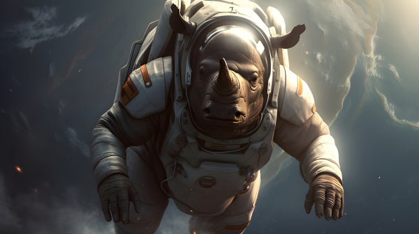 Vinyl Decal, Rhino Astronaut Floating in Outer Space Digital Art Print (5" x 7")