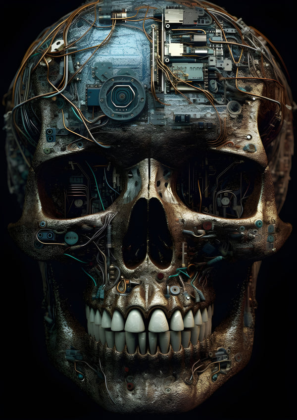 Vinyl Decal, Realistic Robot Cyborg Skull Figurine with Electric Circuits and Futuristic Micro Chips