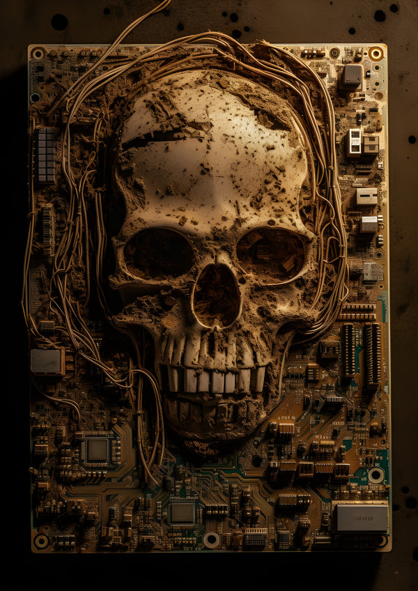 Vinyl Decal, Cyberpunk Circuit Board Skull Art Sculpture, Fossilized Tech Gothic Decor (5" x 7")