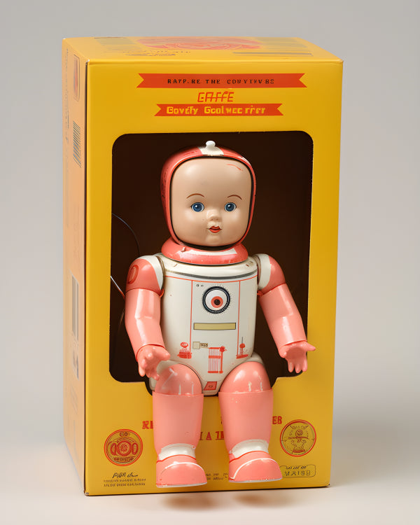 Vinyl Decal, Vintage Style Pink and White Robot Doll Figure with Box (5" x 7")
