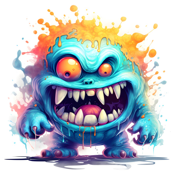 Vinyl Decal, Vibrant Blue Monster Cartoon Illustration with Orange Splash Effect (5" x 7")