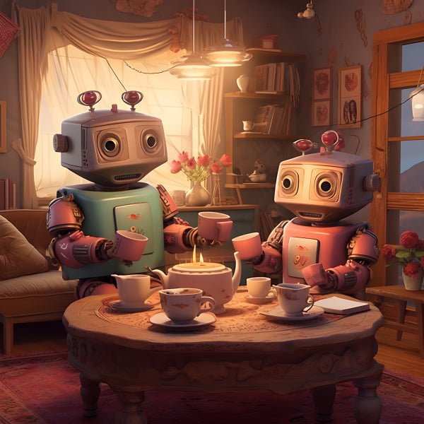 Vinyl Decal, Two Robots Enjoying a Cozy Tea Party Together in a Warm (5" x 7")