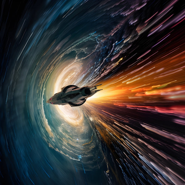 Vinyl Decal, Spaceship Navigating Vibrant Wormhole, Sci-Fi Travel Concept, Adventure Through Space a