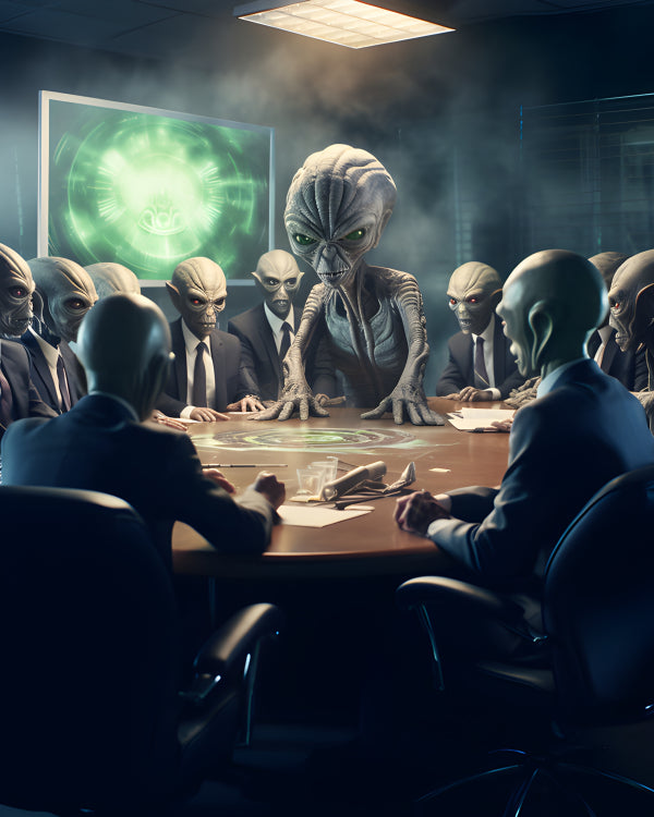 Vinyl Decal, Extraterrestrial Aliens Business Meeting Illustration Generative AI Conference Room Dis