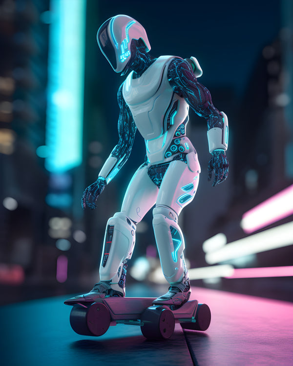 Vinyl Decal, Robot Skateboarder Action Figure, Sci-Fi Collectible with Blue Neon Lights (5" x 7")