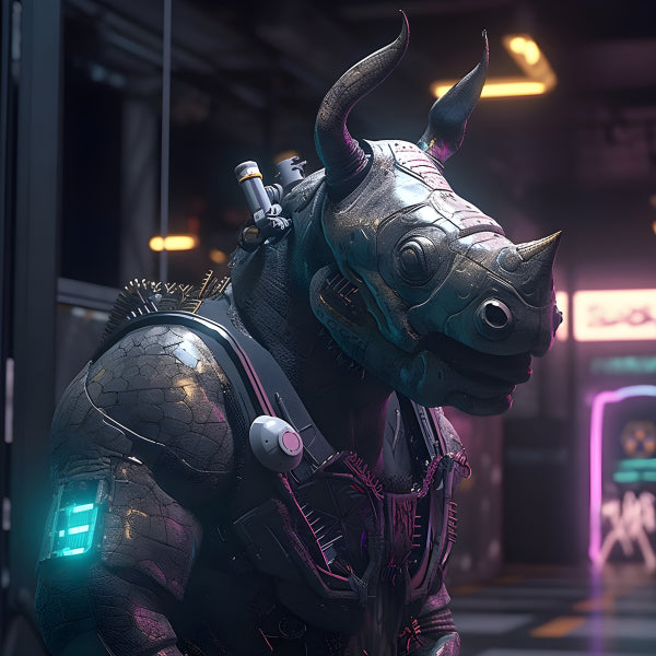 Vinyl Decal, Cyberpunk Rhino Art Print, Futuristic Anthropomorphic Animal Poster (5" x 7")