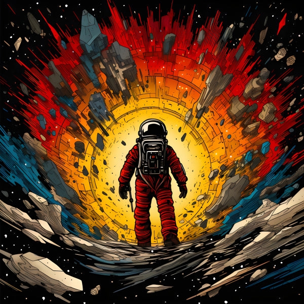 Vinyl Decal, Astronaut in Red Suit Standing Amidst Cosmic Explosion and Asteroids, Dynamic Space Art