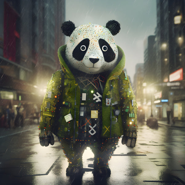 Vinyl Decal, Panda Bear Wearing Green Tech Jacket and Hat in Rainy City Street (5" x 7")