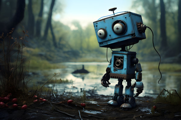 Vinyl Decal, Creative Blue Robot Sculpture Figurine (5" x 7")