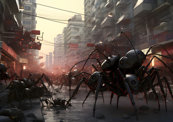 Vinyl Decal, Giant Robotic Ants Swarm a Deserted Urban Street, Sci-Fi Dystopian Scene (5" x 7")