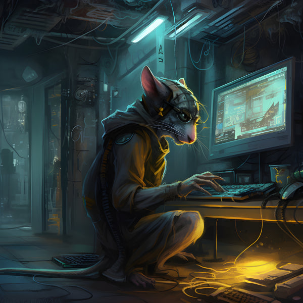 Vinyl Decal, Sci-Fi Cyberpunk Rat Hacker Working on Computer Digital Art Print (5" x 7")