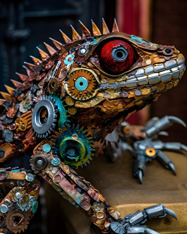 Vinyl Decal, Steampunk Robot Lizard Sculpture, Intricate Recycled Metal Art, Unique Gear & Cog Iguan
