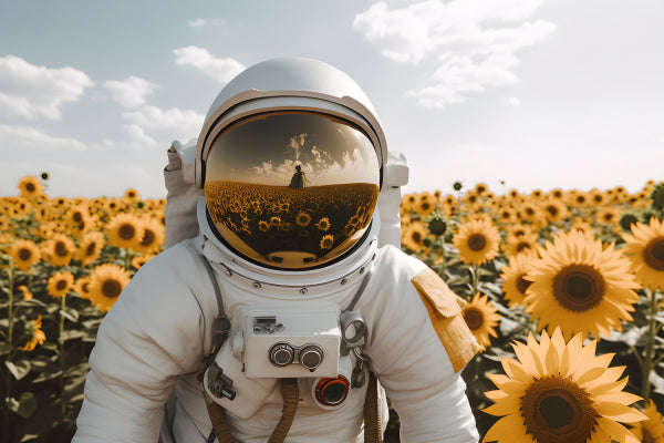 Vinyl Decal, Surreal Art Print, Astronaut Lost in a Sea of Yellow Sunflowers (5" x 7")