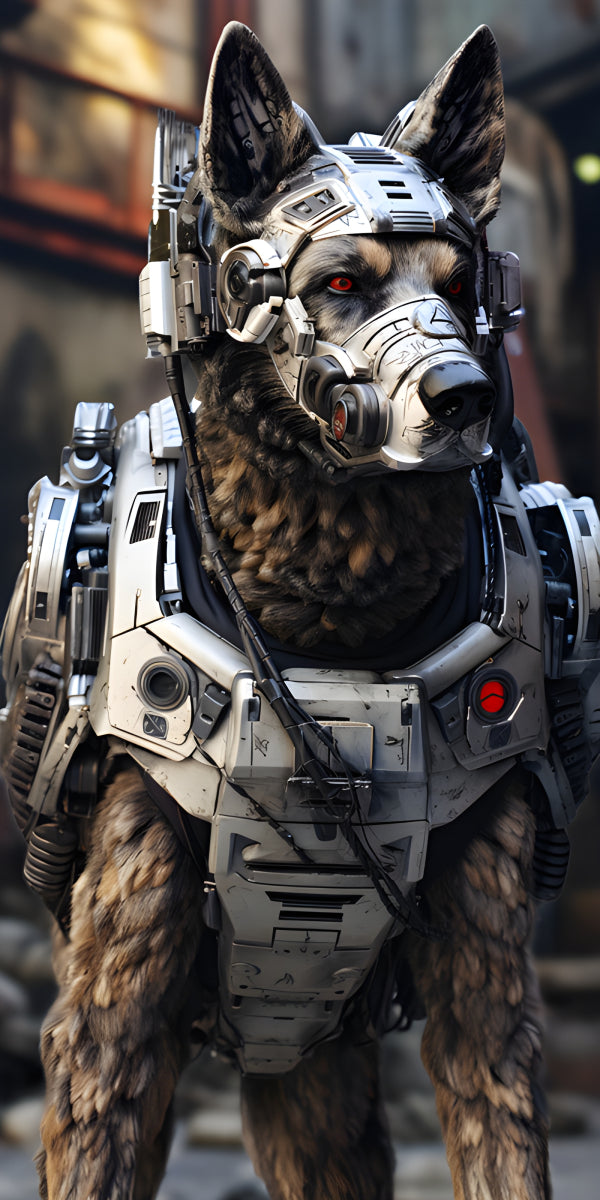 Vinyl Decal, Cybernetic Dog Soldier in Detailed Metallic Armor with Glowing Red Eyes - Sci-Fi Canine