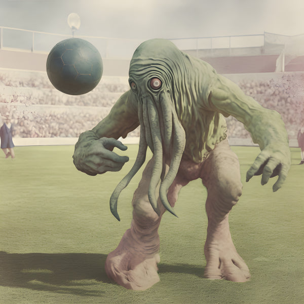 Vinyl Decal, Cthulhu Mythos Creature Monster Playing Soccer Football with Ball on Stadium Field Humo